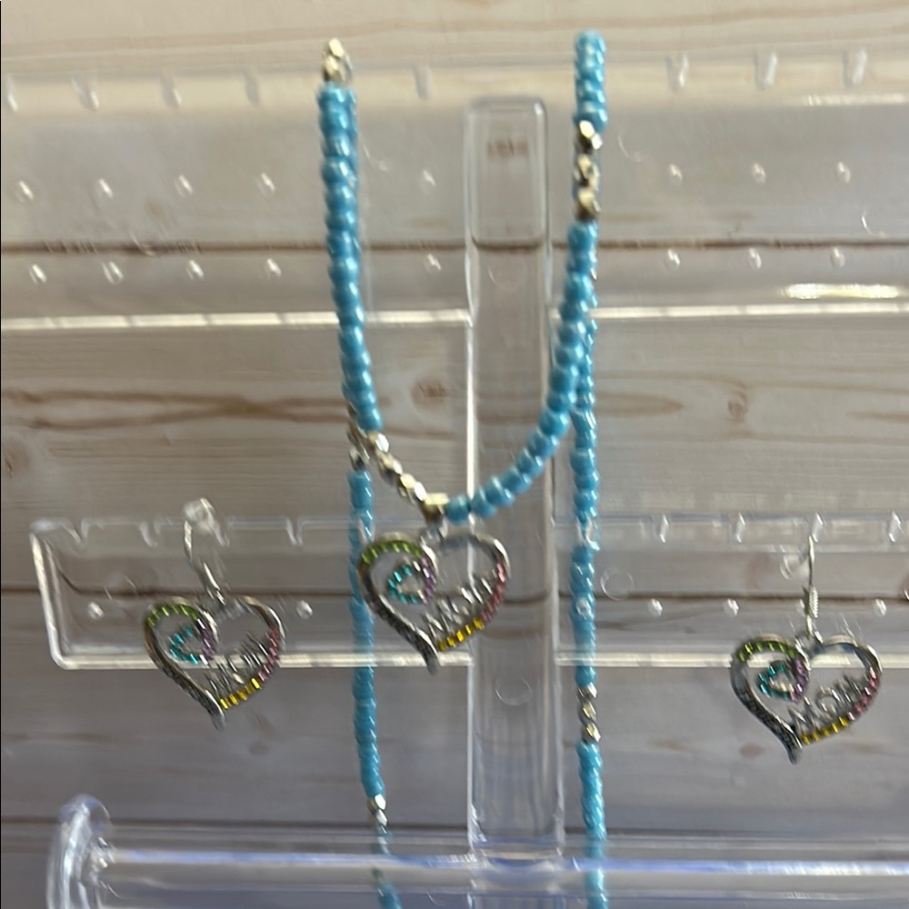 Heart Pendant Necklace and Earring Set - Silver and Blue. 22”